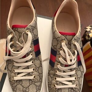 Gucci Monogram Sneakers with Red and Blue Accents